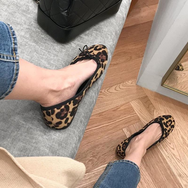 Fashion Leopard Flock Single Shoes Woman Bow-tied Shallow Loafers New Comfort Slip On Lazy Moccasins Leisure Round Toe Ballet Flat Shoes