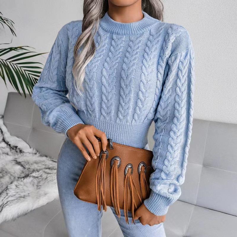 Autumn and Winter Crew Neck Pullover Women Short Sweater Slim Fit Fashion Twist Bottoming Knitted Top Solid Color Long Sleeve Casual Simple Clothing