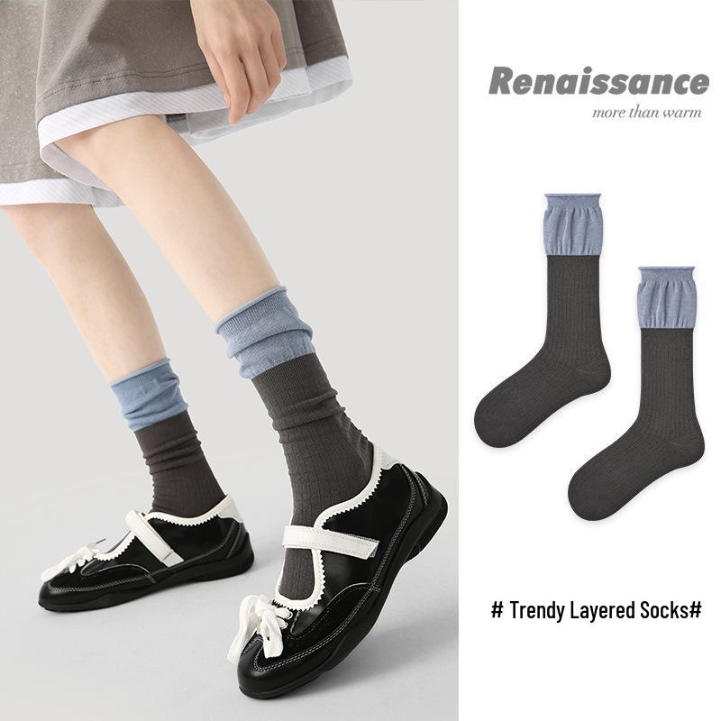 Renaissance Women's Blue-Gray Color Block Mid-Calf Socks - Autumn Winter, Bone-Free, Simple Style