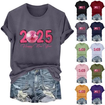 Camisetas de manga larga con cuello redondo para mujer, blusas con botones y estampado de Año Nuevo 2025