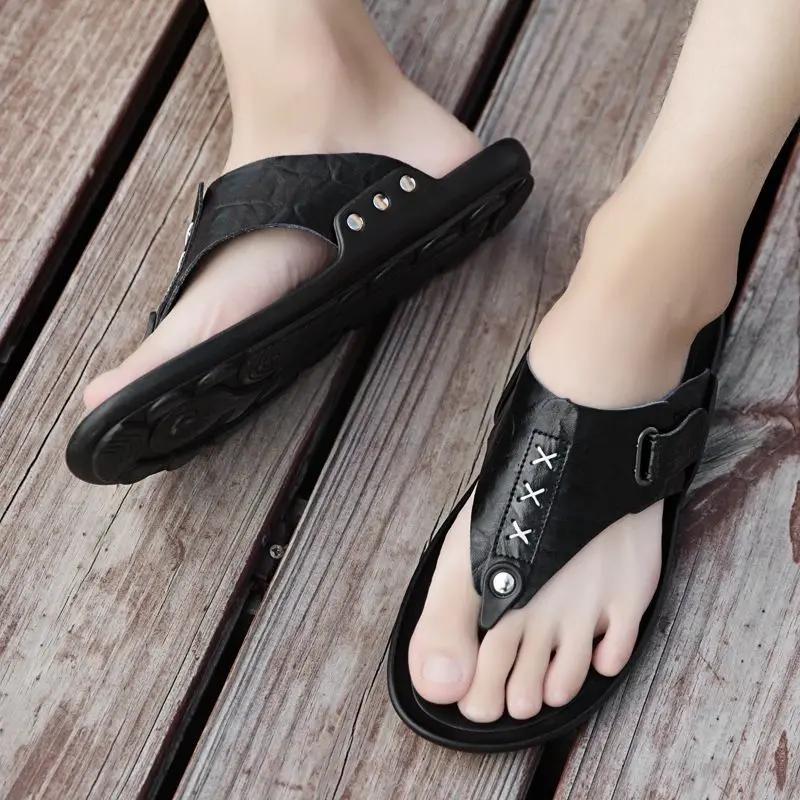 Fashion Platform Slippers for Men Shiatsu Flat Sandals Man Genuine Leathe Shoes Flip Flops Eva Summer Sale Mascullino Y2k Clappers 2025