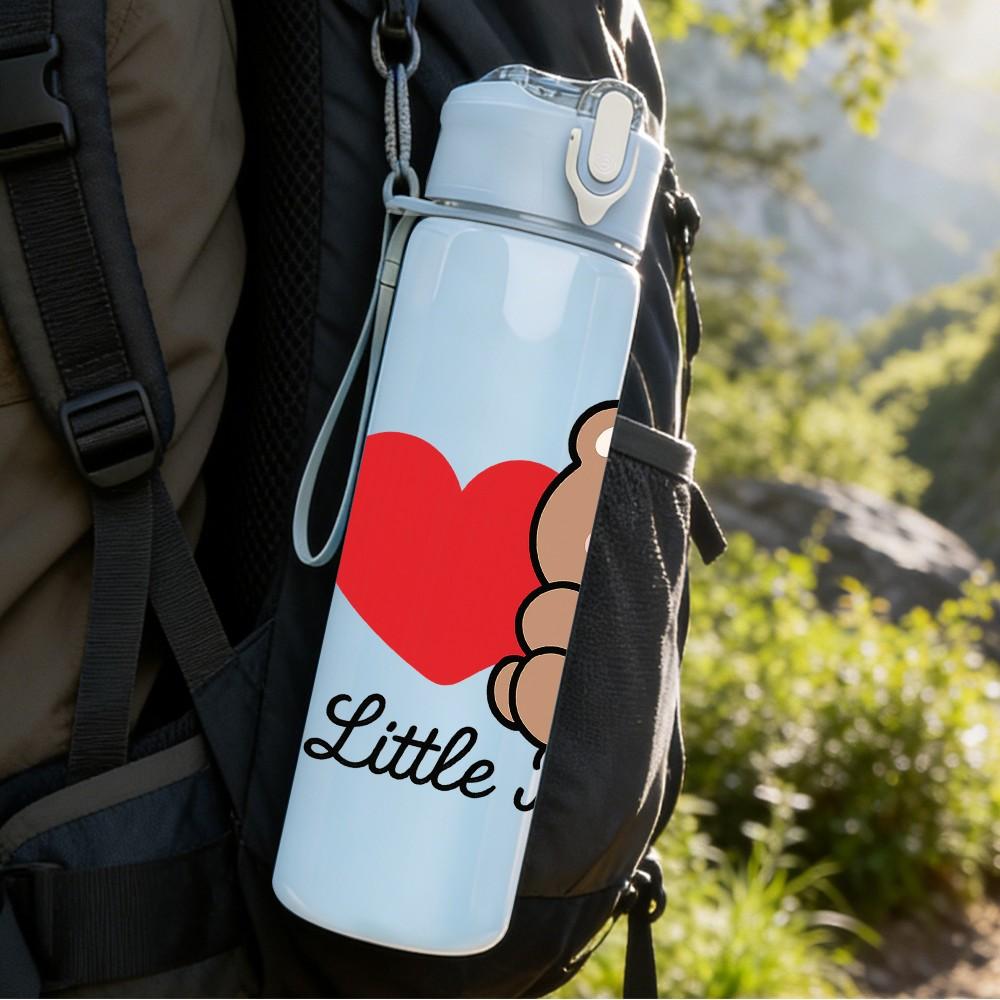 1PC Little Bear Red Heart Pattern 750ml Color Plastic Sports Water Bottle Leakproof Flip Straw Lid Suitable for Sports Office Home Use