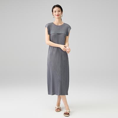Pleated Splicing Dress New Temperament Round Neck Sleeveless Comfortable Casual Peplum Long Skirt