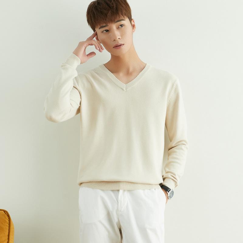 Autumn and Winter V-neck Round Neck Men's Knit Sweater Simple Wind Wild Color Pure Color Pullover Sweater Bottoming Business Sweater