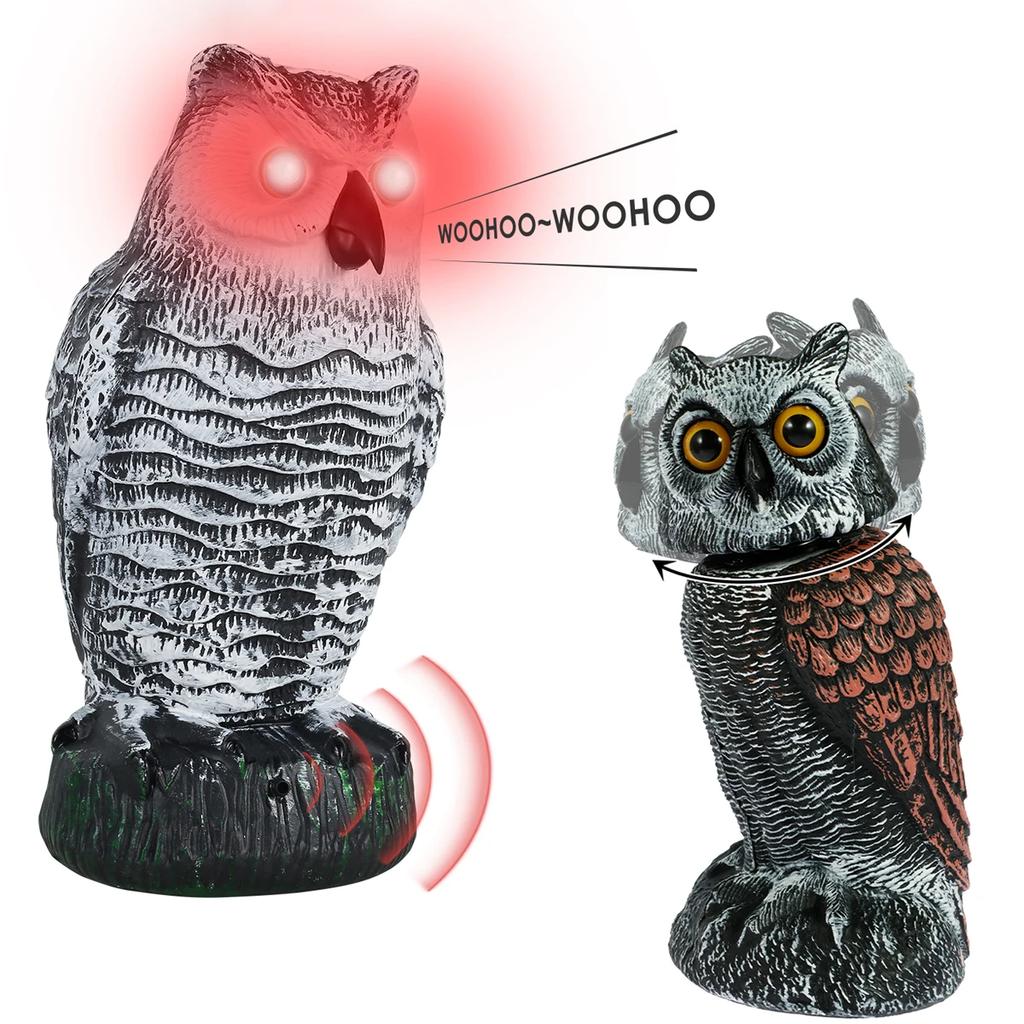 Sova Strašák na Ptáky s 360° Otočnou Svítící Hlava Zvuková Vodotěsná Falešná Sova Strašák Odstrašující Životní Simulace