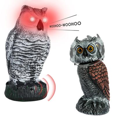 Sova Strašák na Ptáky s 360° Otočnou Svítící Hlava Zvuková Vodotěsná Falešná Sova Strašák Odstrašující Životní Simulace