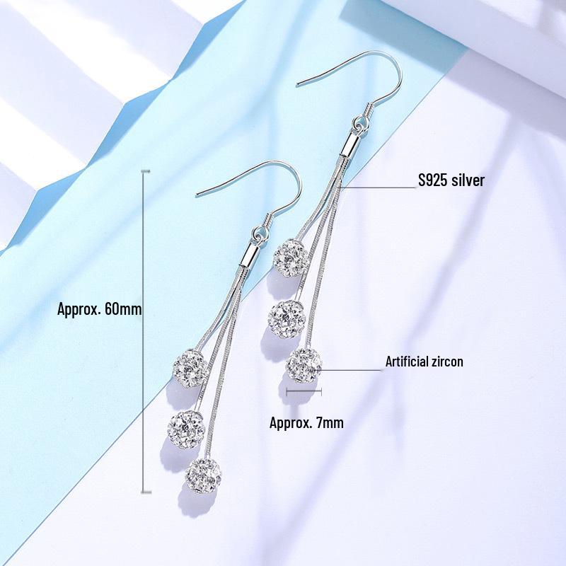 925 Sterling Silver Slim Long Tassel Rhinestone Ball Earrings for Women - Korean Fashion Dangle, Elegant & Versatile
