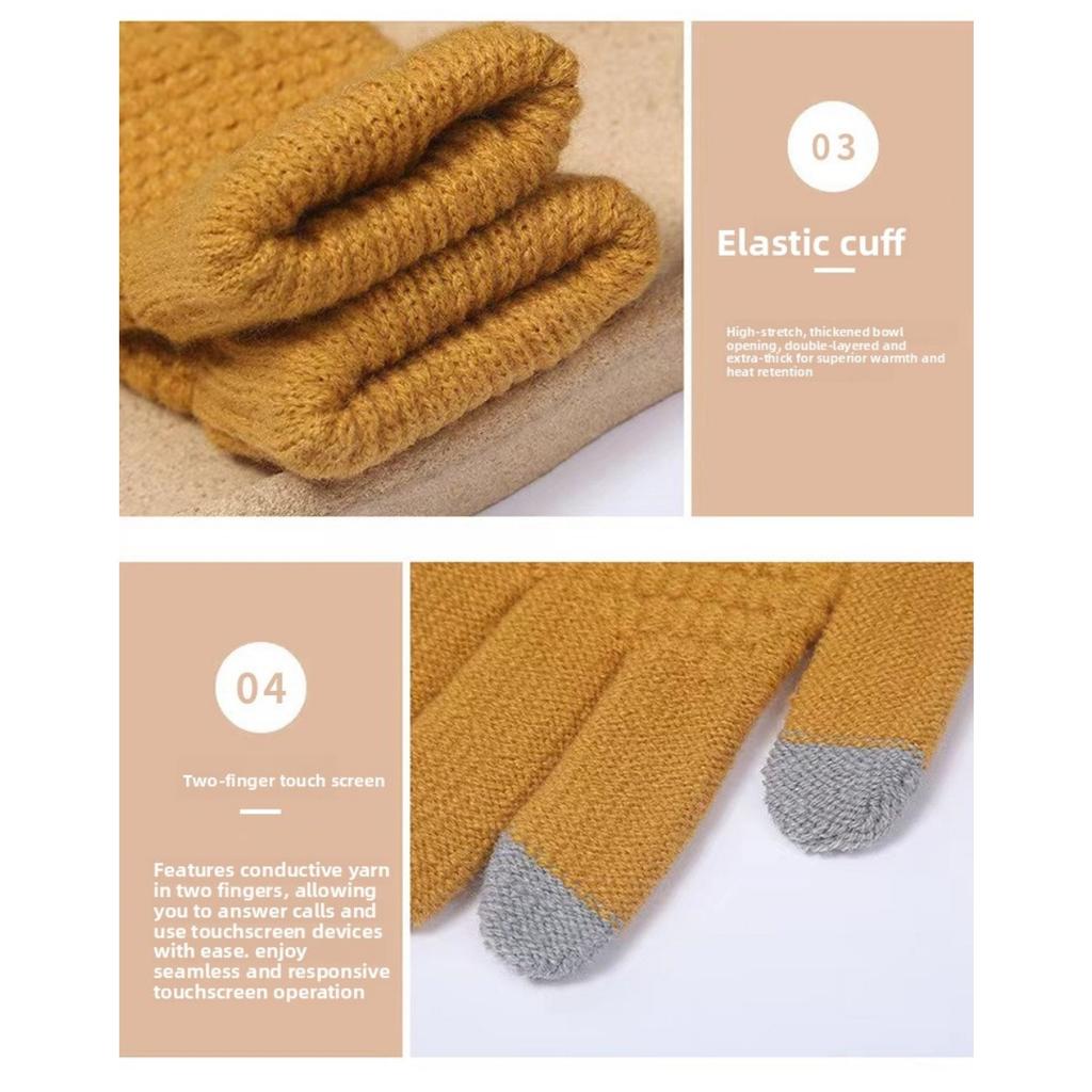 Gloves for Women In Winter, Thickened with Velvet, Korean Version, Cold Resistant, Cute, Cycling, Touch Screen, Warm, Knitted Yarn Gloves