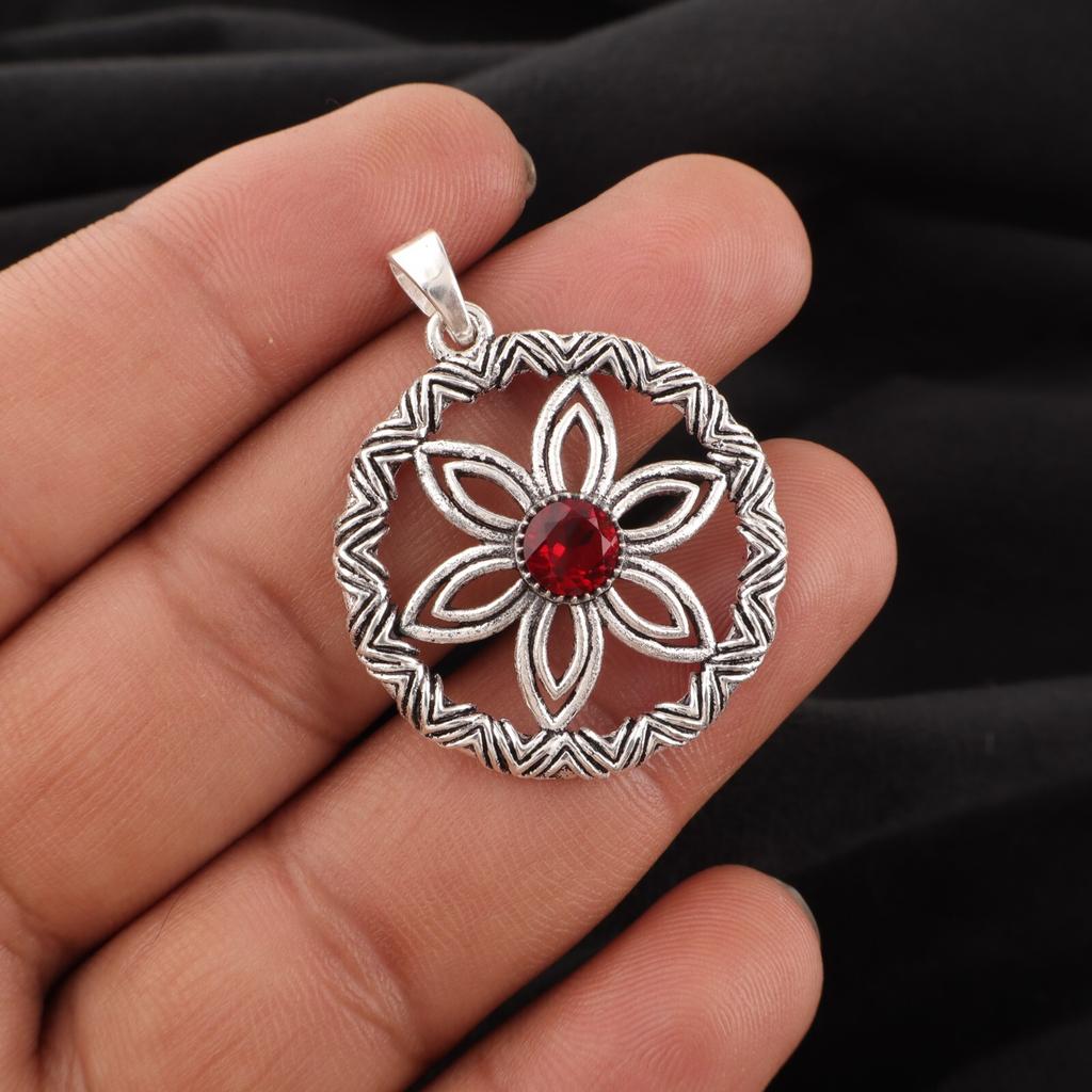 Red Garnet Gemstone 925 Sterling Silver Jewelry Handmade Designer Pendant 1.48" CP-29-3