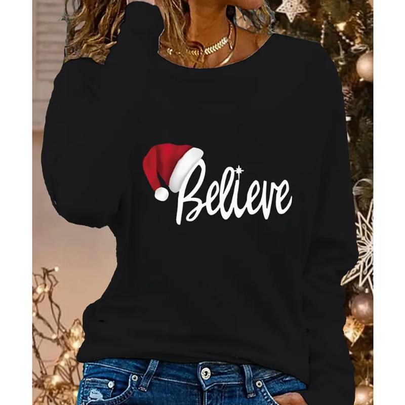 

2025 Осень и Зима Женский Новый Повседневный Топ с Круглым Вырезом и Длинным Рукавом с 3D Рождественским Узором XS чёрный