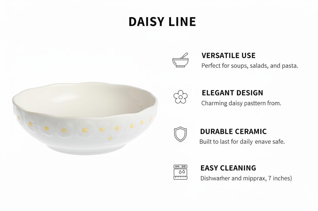 Daisy Line Ceramic Plate, Bowl, 500Ml, For Soup, Cereals, Dessert, 18 Cm