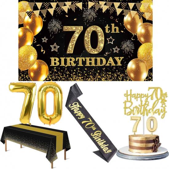 70th Birthday Decorations Men Women with 70th Birthday Banner, Black and Gold Table Cloth,Number Balloons, Large Sash, Cake Topper and Candles
