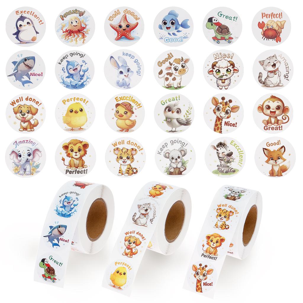 1000/9000pcs Animal Sticker Children's Motivational Sticker Different Pattern Decal for Kid Classroom Cartoon Reward Stickers
