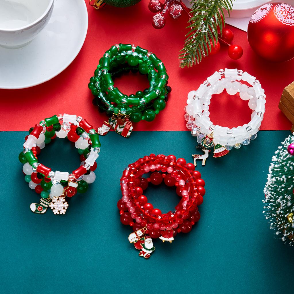 5pcs/set Christmas Series Colorful Beaded Bracelet For Women Santa Claus Snowman Xmas Tree Elastic Beads Bangles New Year Gift