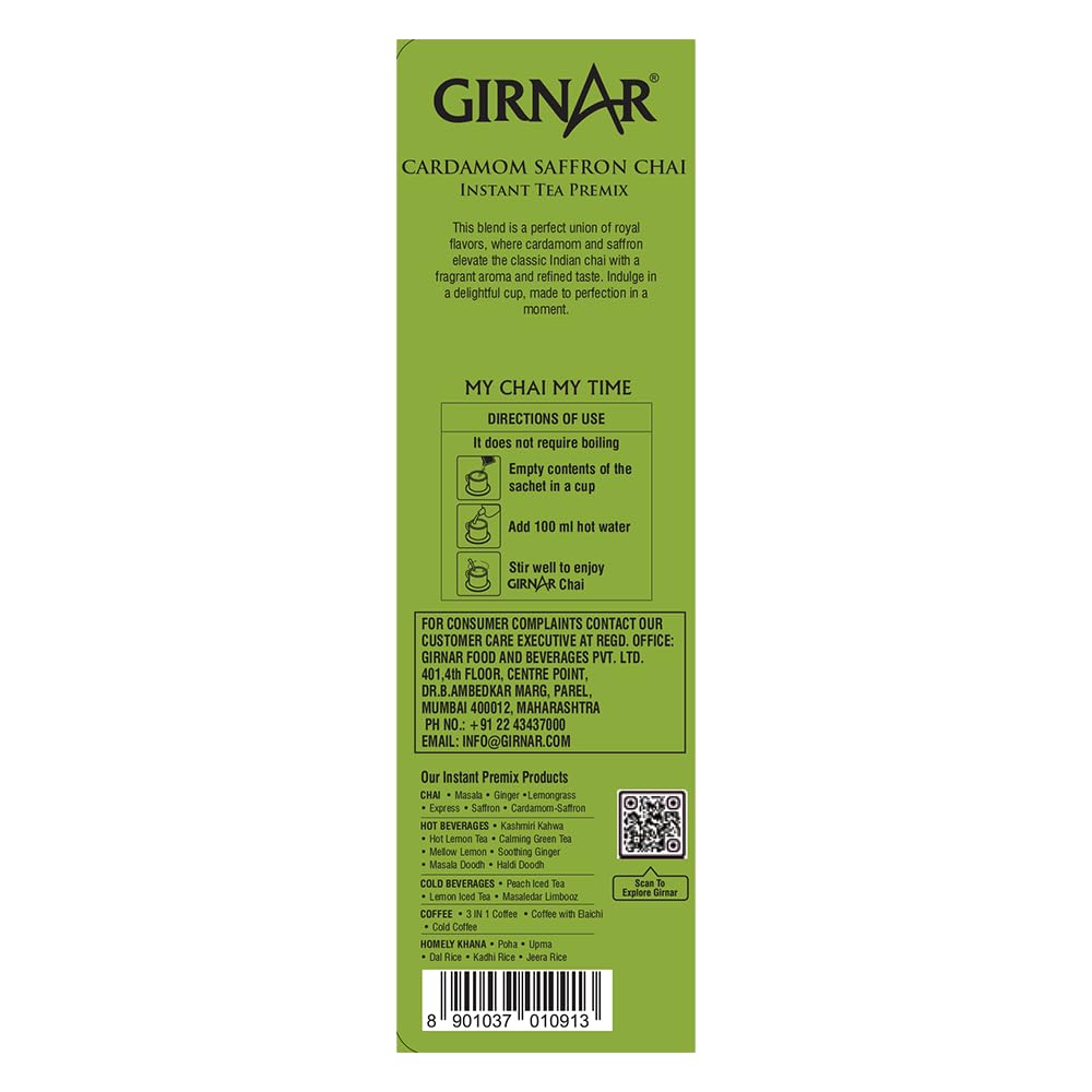 Girnar Instant Premix Tea With Cardamom Saffron 10 Sachets Convenient High Caffeine Chai