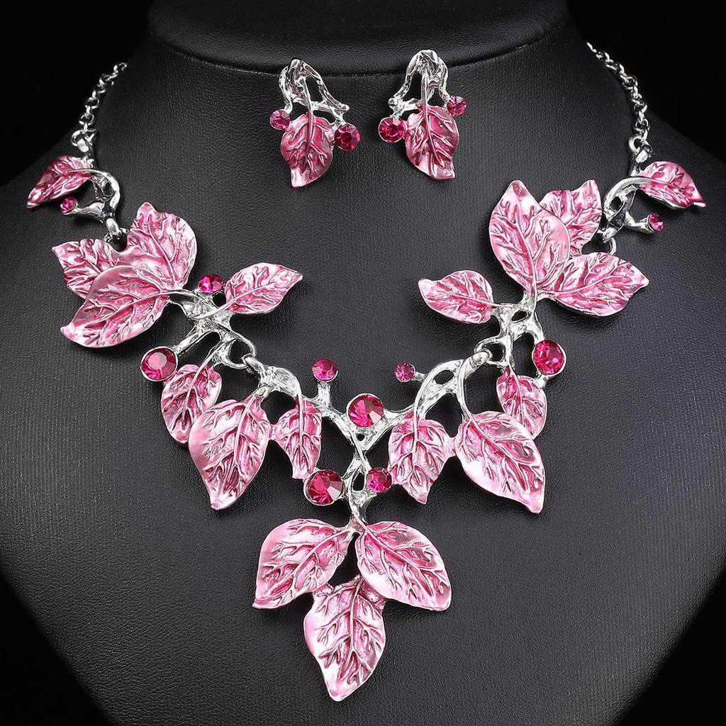 European-American Colorful Leaf Diamond-Encrusted Enamel Alloy Necklace Set