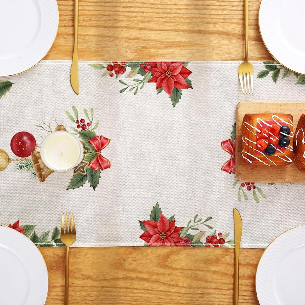 Christmas Gnomes Table Runner 13x72 Inch, Merry Christmas Poinsettia Winter Kitchen Dinning Table Decoration for Home Party Decor