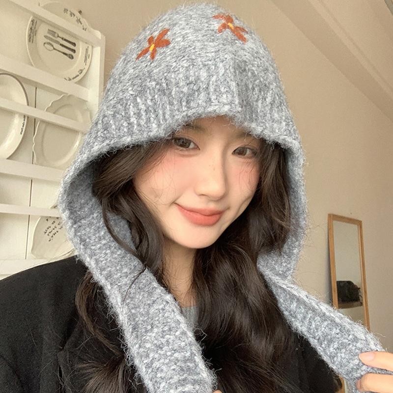 Women Warm Windproof Ear Protection Hat Scarf Small Flower Casaul Knitted Hat