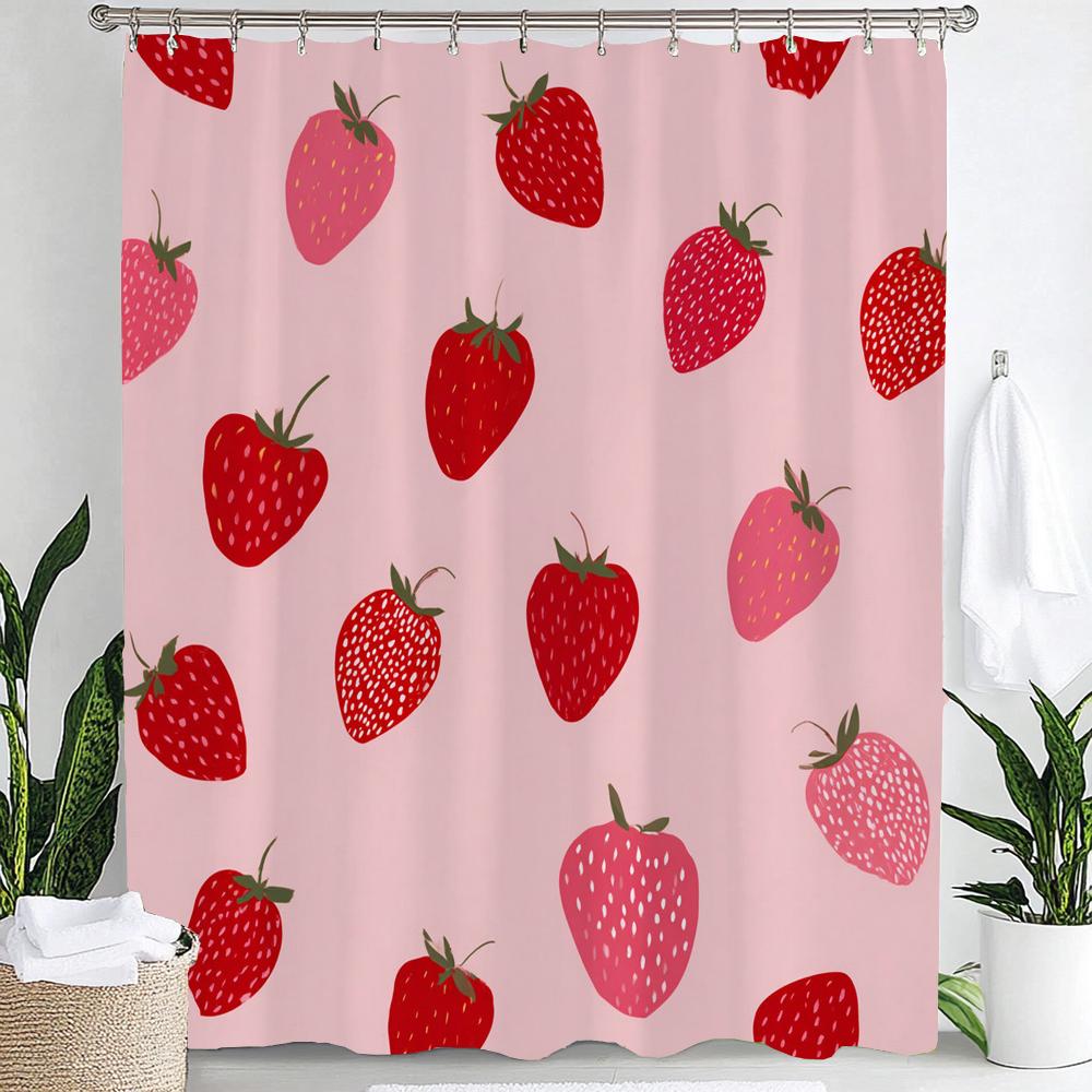 Small Fresh Fruit Strawberries Printed Shower Curtain Bathroom Curtain,Hanging Curtain With 12 Hooks Decoration Machine Washable