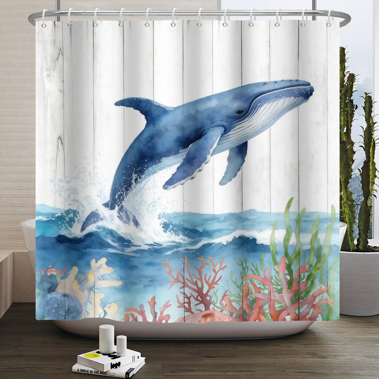

Watercolor Sea Life American Flag Waterproof Shower Curtain Marine Theme Children Bathroom Decor Curtain Waterproof With Hook W60H190(CM)-1 Pcs