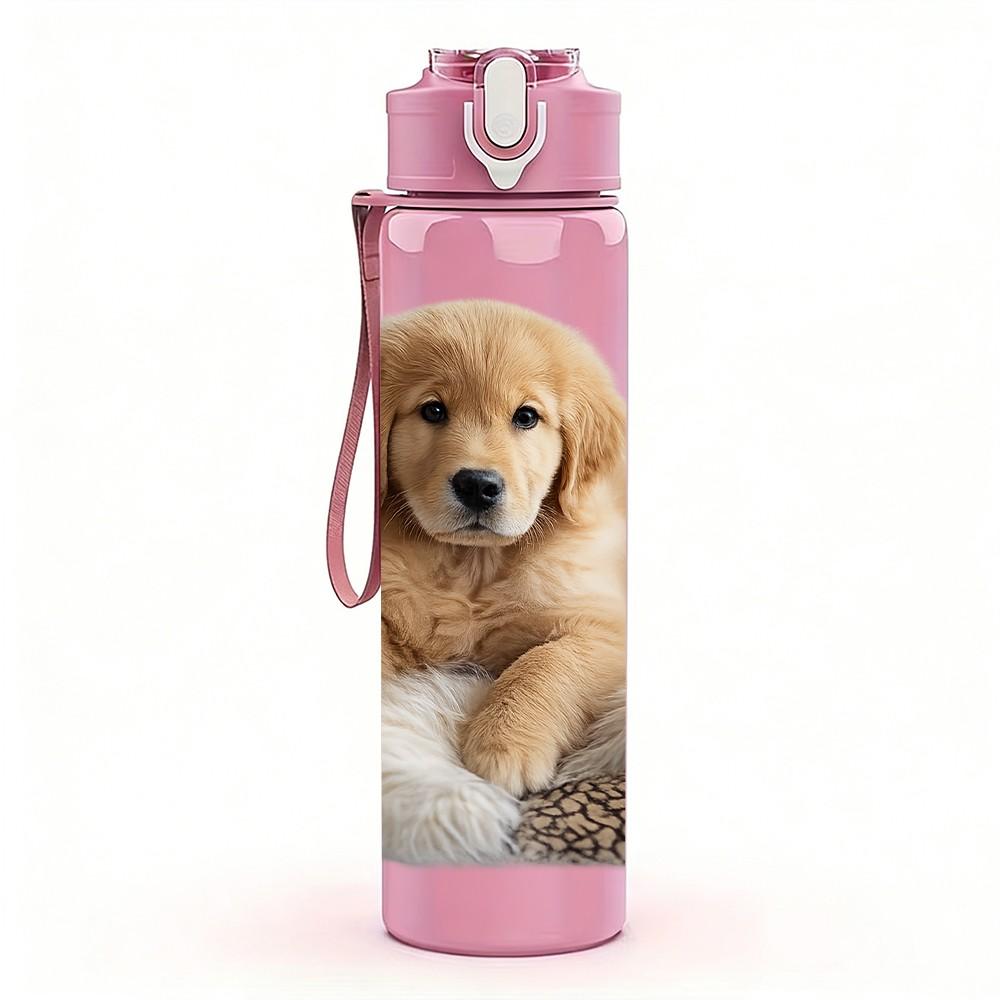 1PC Sleepy Puppy Fluffy Dog Print 750ml Color Plastic Sports Water Bottle Leakproof Flip Straw Lid Suitable for Sports Office Home Use
