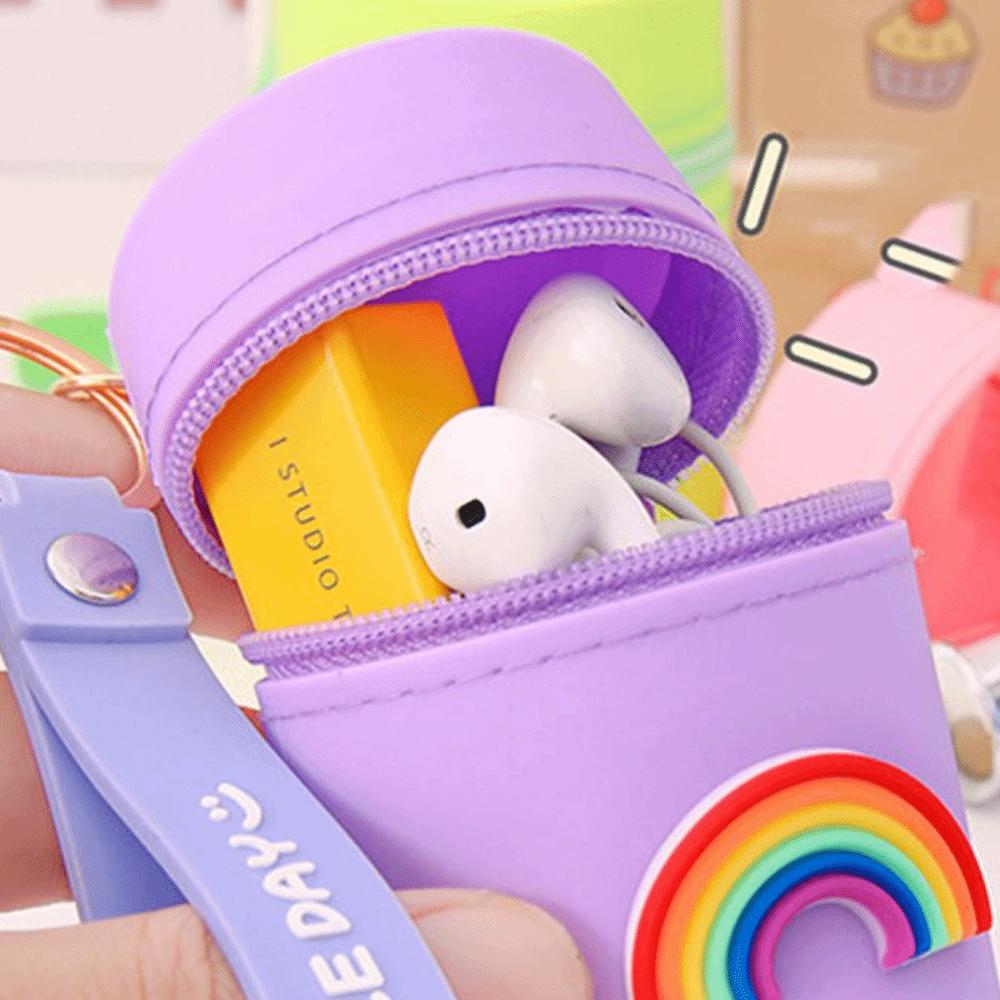 Pocket Cute Pattern Multifunctional Silicone Coin Purse Headphone Storage Bag Key Chain Bucket Bag