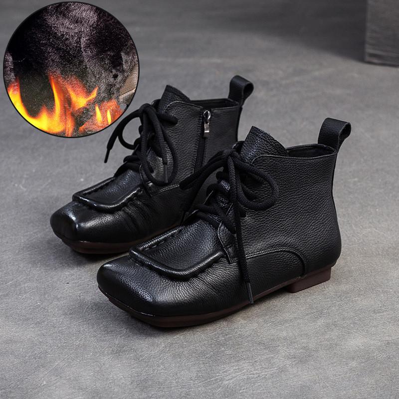 Johnature Kurze Stiefel aus echtem Leder im Retro-Stil mit bequemer, quadratischer Zehenpartie und Schnürung für Damen