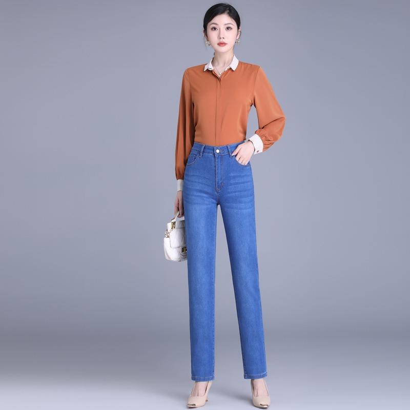 Straight Leg Stretch Jeans Women's High Waist Slimming Middle-aged Women Slim Casual Pants