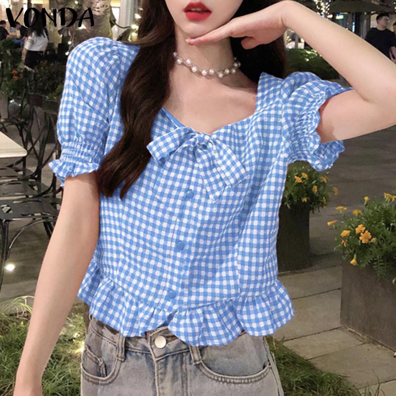 VONDA Women Summer Square Collar Short Puff Sleeve Bow Knot Plaid Print Casual T-shirts