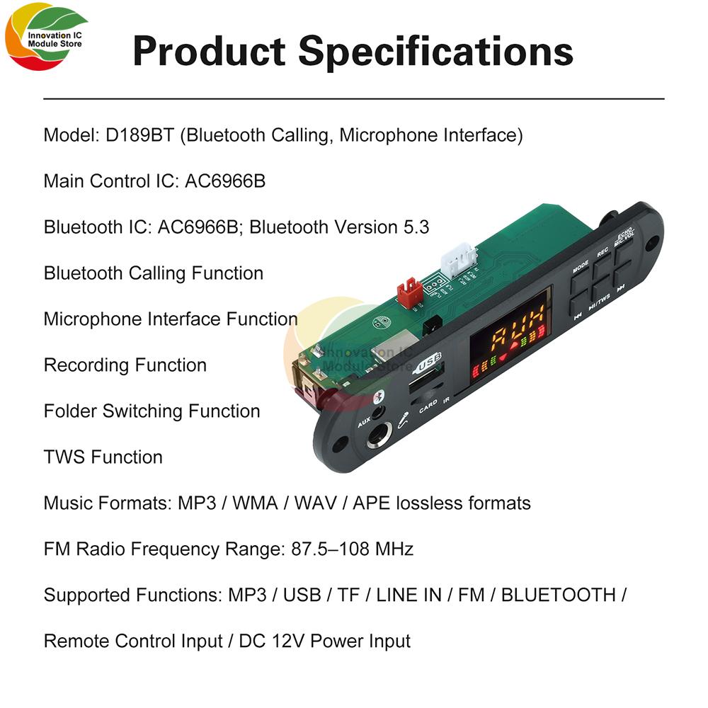 DC 12V MP3 BT Decoding Board Car Audio MP3 Decoder Decoding Module Without Amplifier D189BT