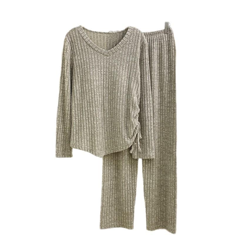 2025 Korean Women's Pajamas with Bra Pads: Knitted Long Sleeve & Pants, Plus Size, for Spring, Autumn, Winter