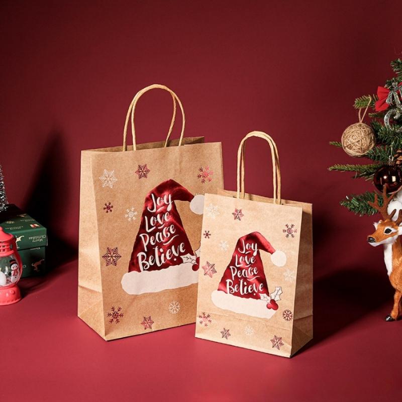 3pcsSmall Christmas Gift Bag Red Christmas Tree Christmas Hat Handheld Kraft Paper Bag Party Baking Shop Store Gift Packaging St