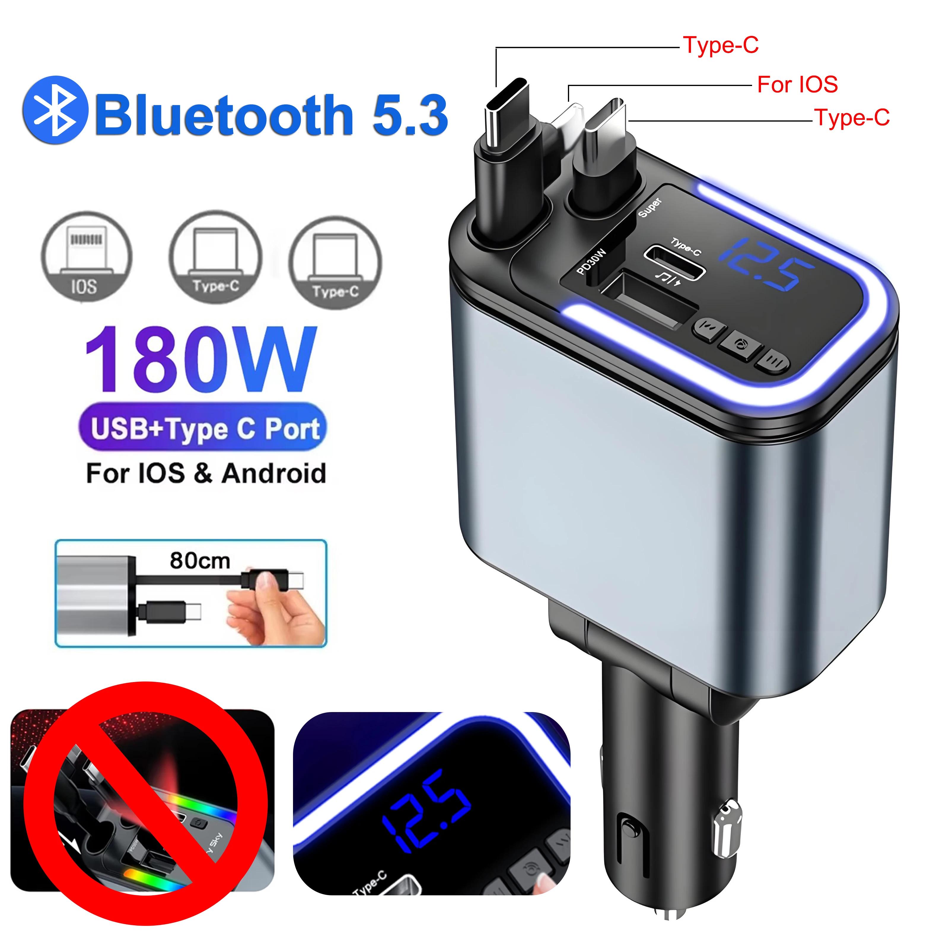 

180W Retractable Car Charger Bluetooth 5.3 Car Phone Charger PD QC 3.0 Super Fast Car FM Transmitter Handsfree Car Kit TF Card & U-disck Music Player