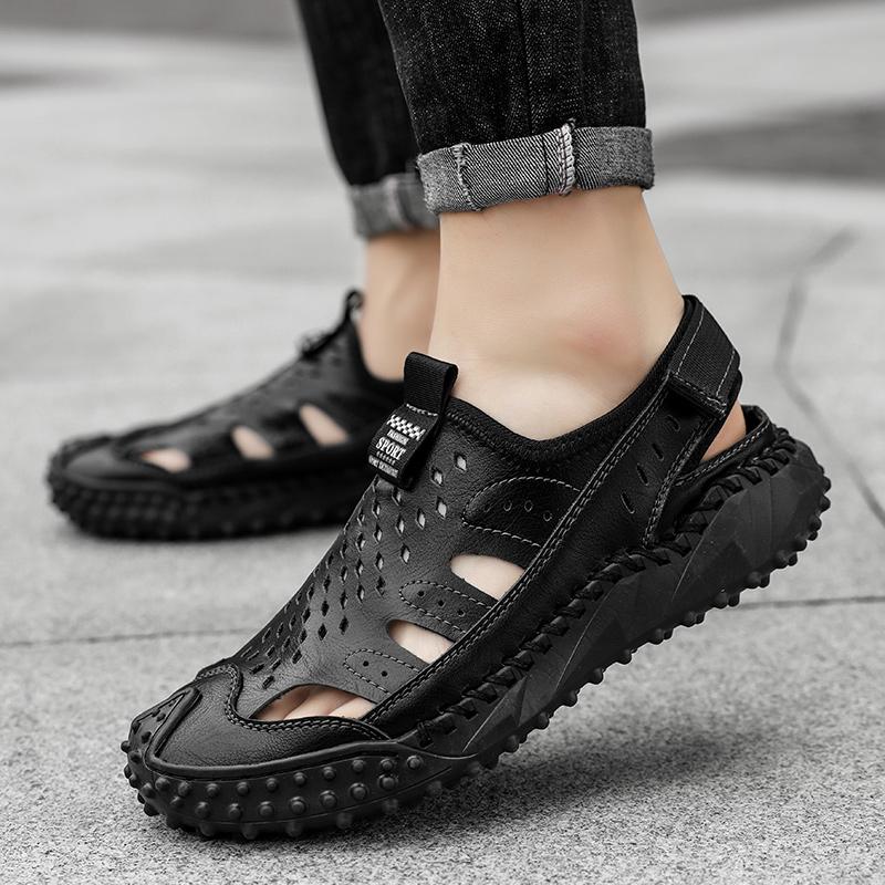 Kvėpuojantys, minkšti vyriški, natūralios odos rankiniu būdu susiuvami sandalai