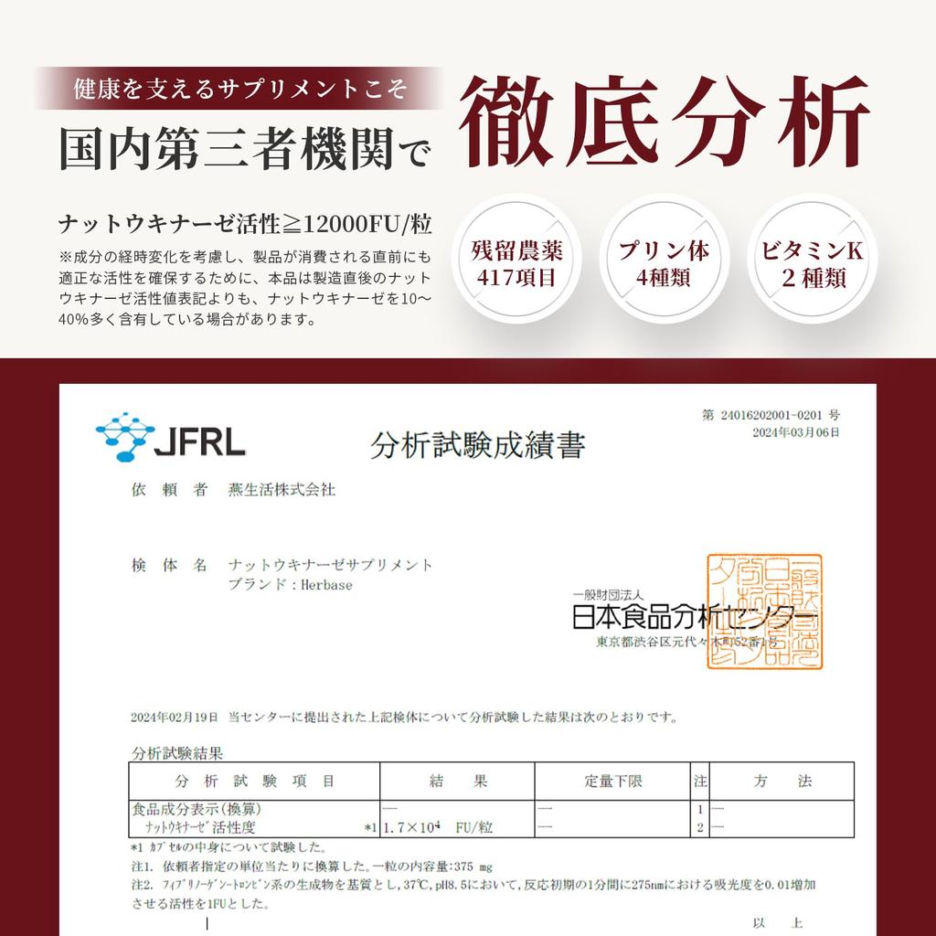 Nattokinase 12000FU/day (1 Capsule Per Day) 30-day Supply Supplement Nattokinase Acid-resistant Capsule Vitamin K2 Removed Made In Japan Herbase