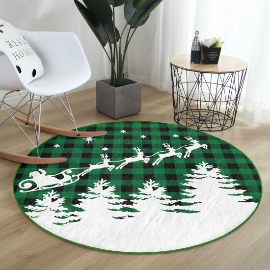 

Зеленый клетчатый узор Санта-Клаус и олени Современный круглый ковер для ванной комнаты с моющимся нескользящим основанием Deymend