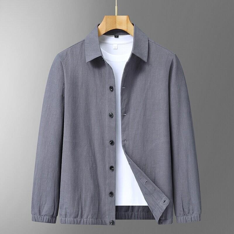 

Spring and Autumn New Men s Casual Jacket Casual Solid Color Cotton Lapel Simple Cardigan M серый