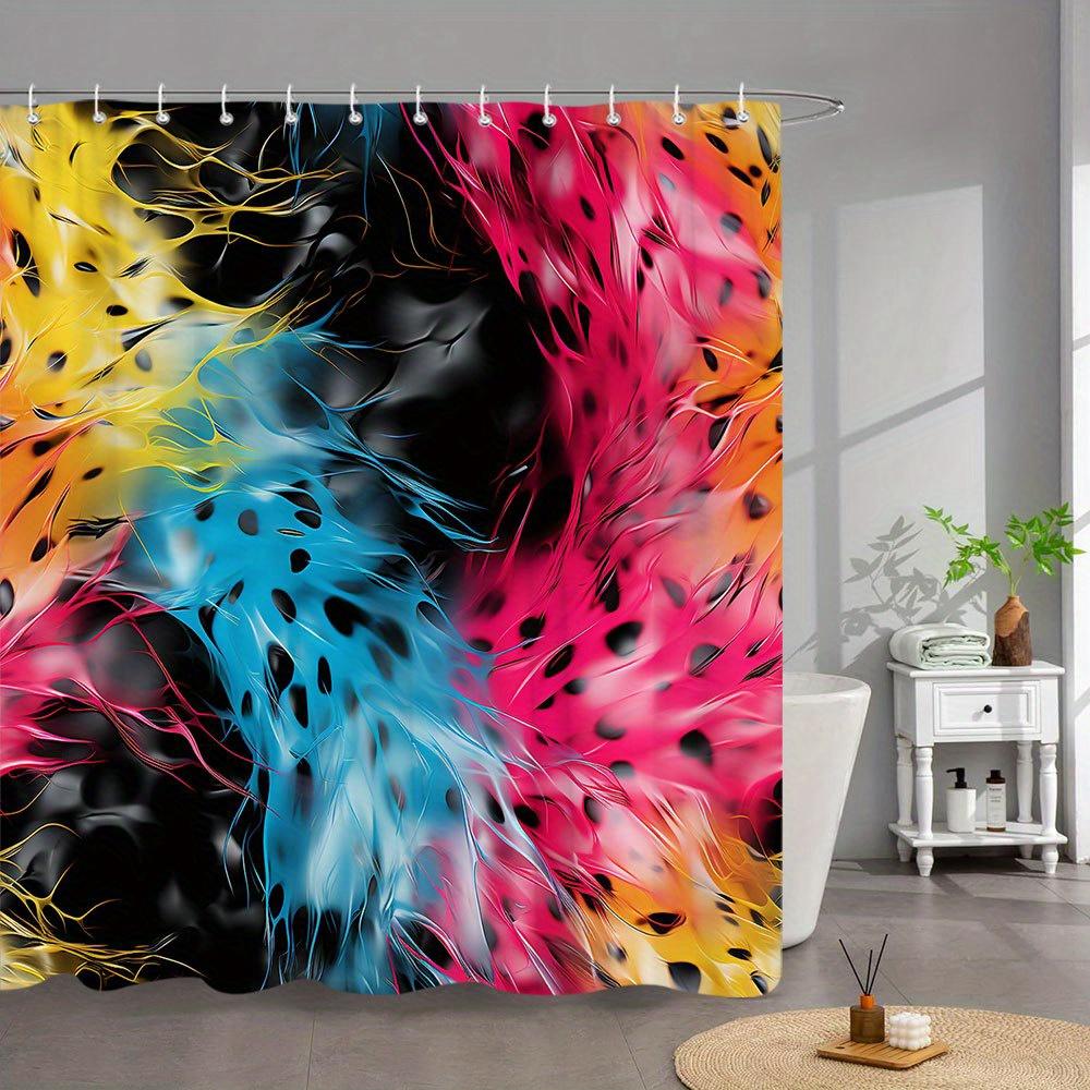 1pc Vibrant Neon Swirls Bath Curtain - Abstract Art with Yellow, Pink, Red, Blue, Black Fluid Lines, Glossy Finish, Modern Futur