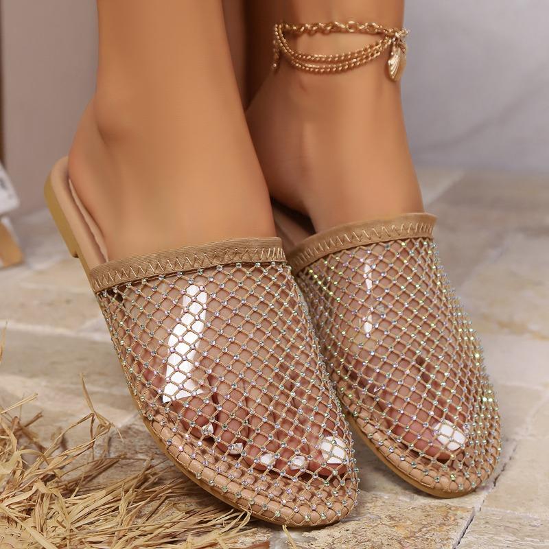 Pantofi de vară pentru femei, cu talpă moale, cu toc jos, stil străin, versatile, cu strasuri, papuci cu cap de plajă