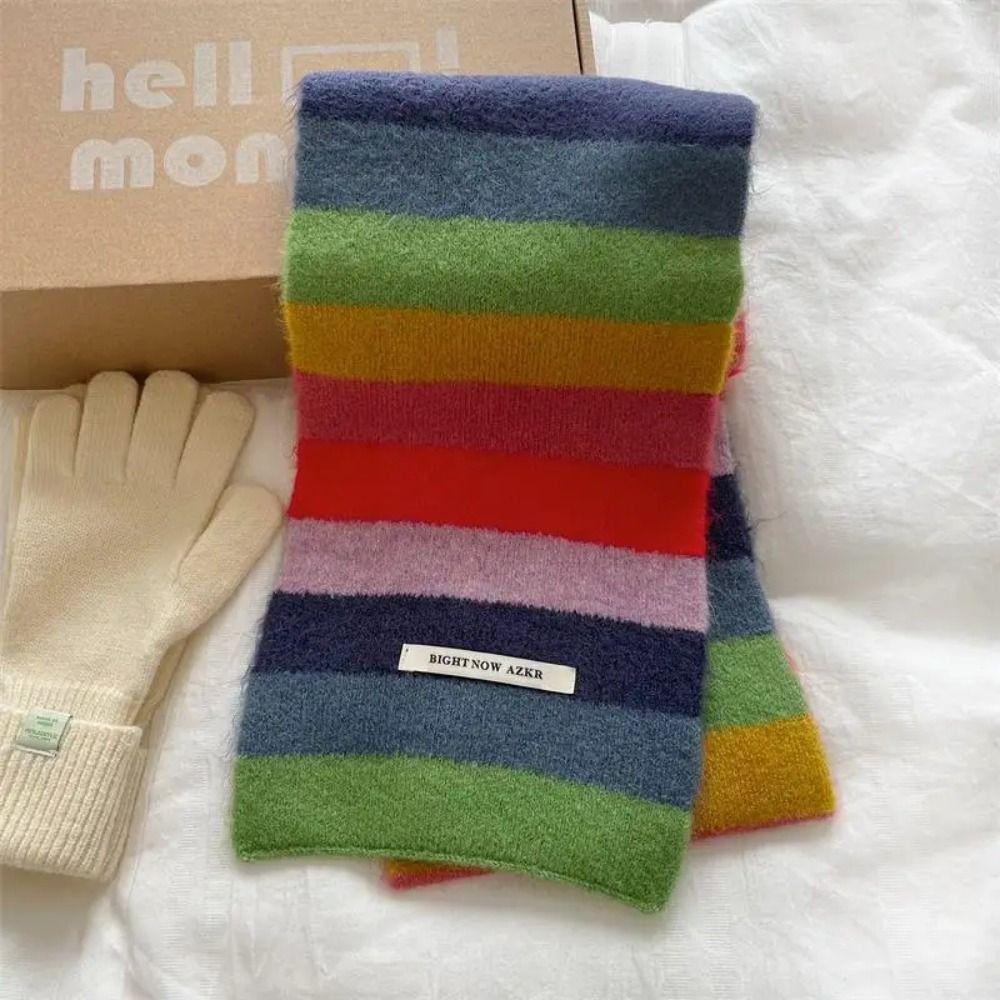 Letter Embroidery Rainbow Stripes Scarf Warm Wrap Autumn Winter Shawl Scarf  Warm