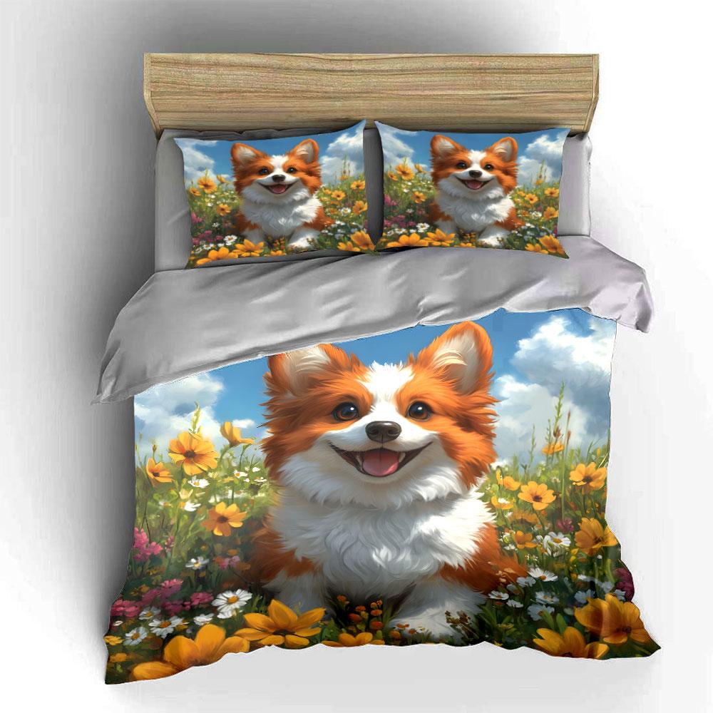 Cute Corgi In Vibrant Flower Field Duvet Cover Set With 3D Printing Design Soft Polyester Bedding Set All-Season Comfort