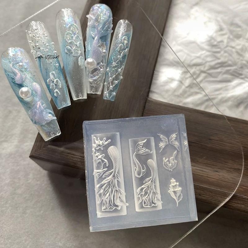 3D Silicone Carved Nail Art Mold Soft Jellyfish Fishtail Design Ocean Style DIY Nail Accessories for Creative Manicure Templates