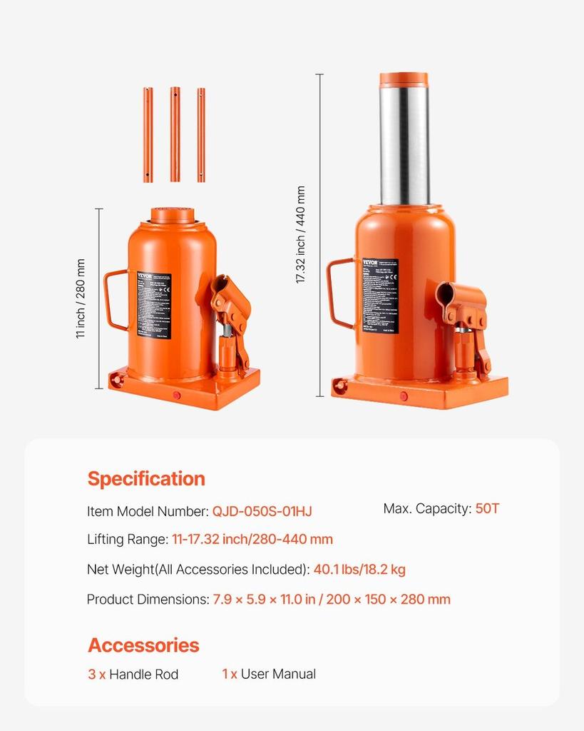 Hydraulic Bottle Jack 50 Ton Manual High Lift Automotive Car Repair Shop