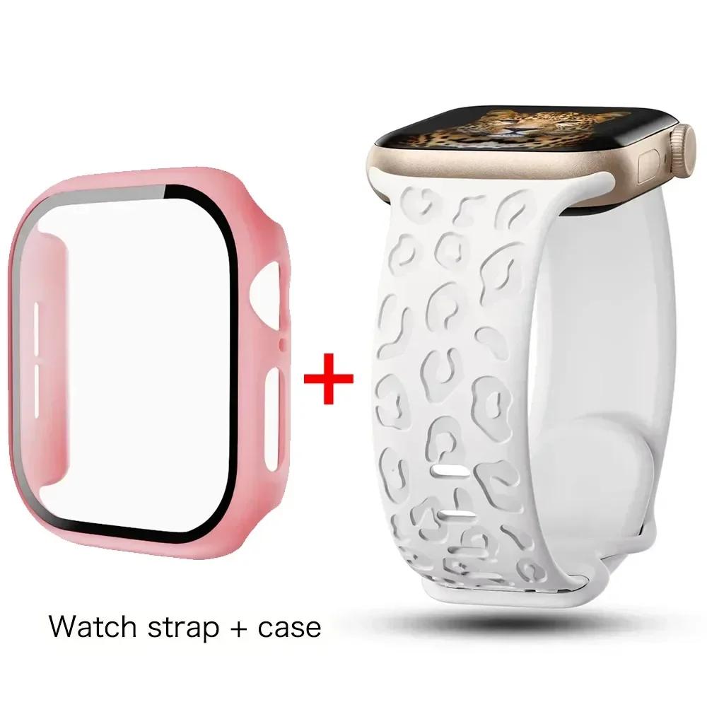 Glass+Case+Strap for Apple Watch Band 45mm 44mm 41mm 40mm Engraved Leopard belt for Apple IWatch Series 10 8 7 6 SE 5 46mm 42mm