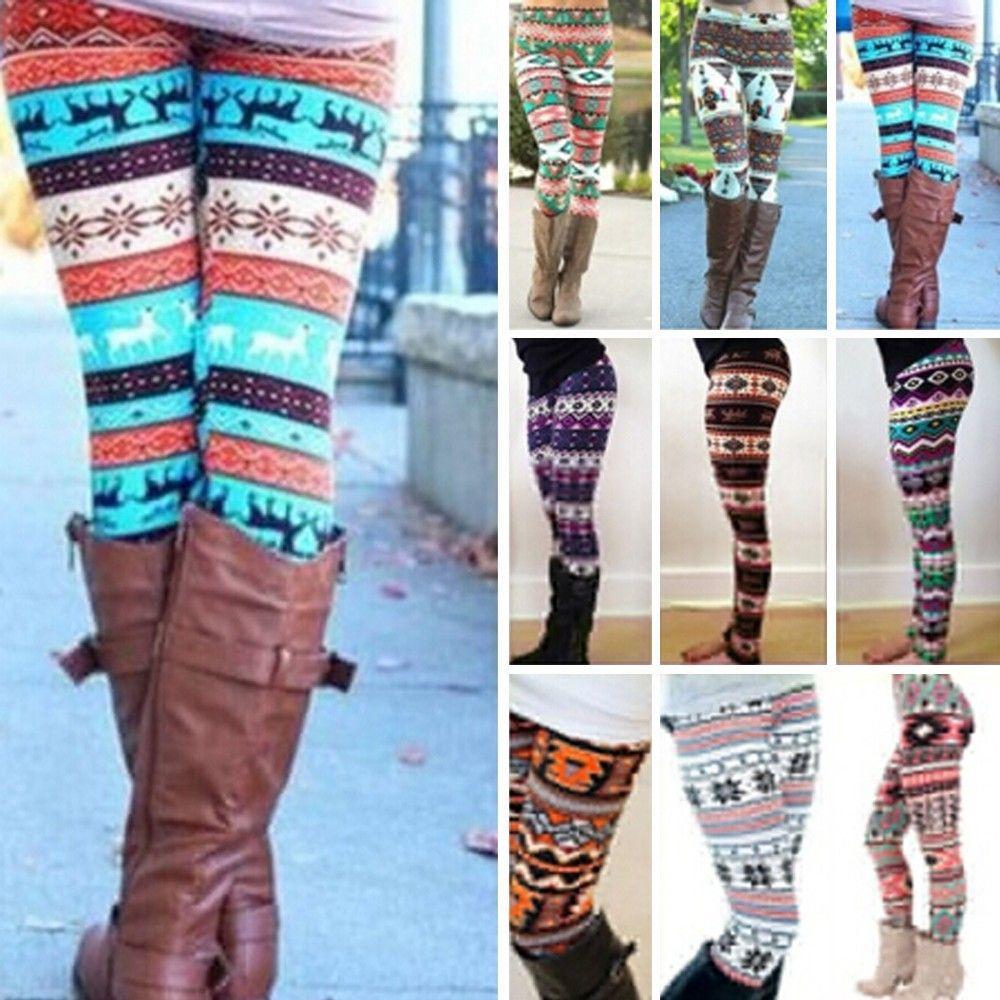 Winter Warm Women Knitted Tights Pants Skinny Slim Trousers Xmas Snowflake Reindeer Pencil Leggings