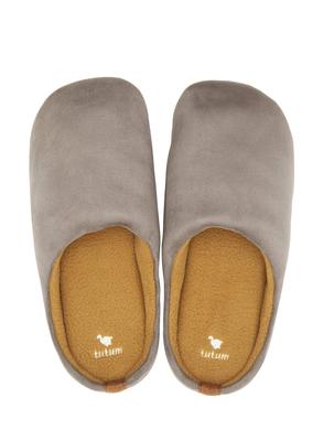 Graue flauschige Hausschuhe, Wildleder, waschbar, Kissen,