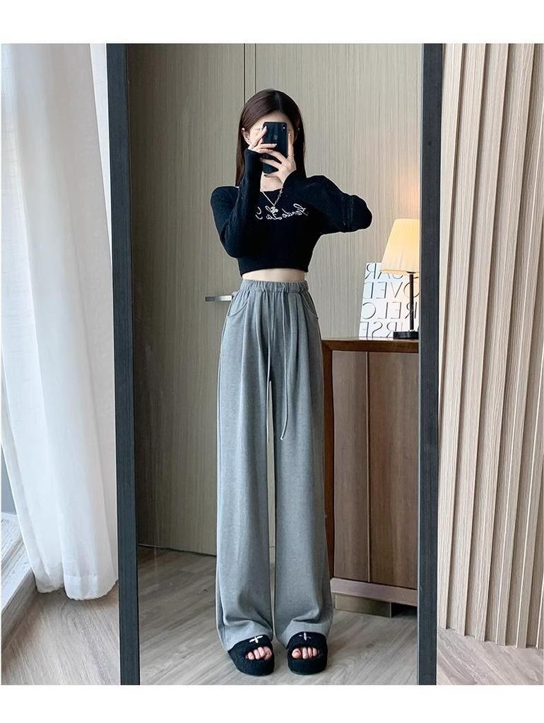 Petite Women's Spring/Autumn Wide-Leg Straight Pants - Stylish Glutinous Rice Design, Ideal for Height 145-150 Cm