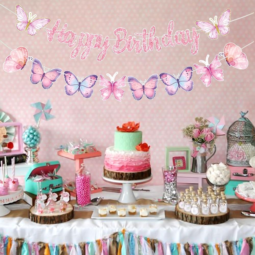 Pink Butterfly Birthday Banner, 63" x 23.6", Fade Resistant, Lightweight, Women/Girls/Teen Girls
