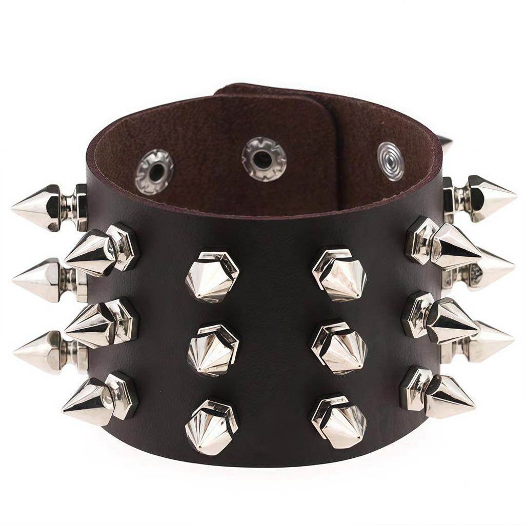 Eco-friendly PU Leather Harajuku Punk Cone Spike Bracelet with Three-Row Chains