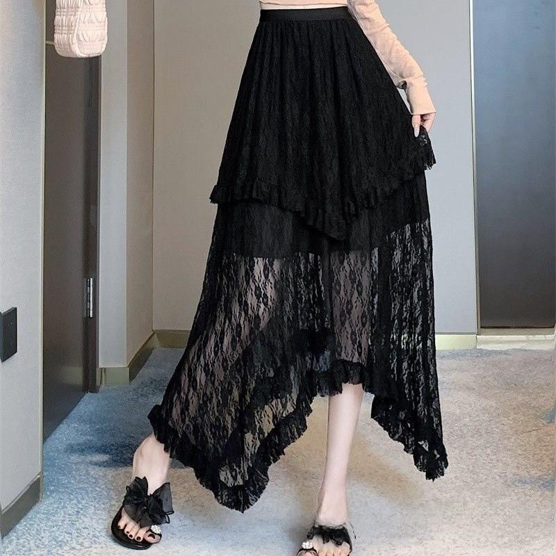 Elegant Lace Cake Skirt With High Waist And Ruffle Hem For Womens Spring Fashion